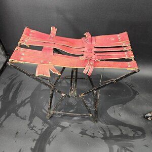 Vintage Handmade Folding Camp Stool Red Leather Strap Seat Steel Frame Portable